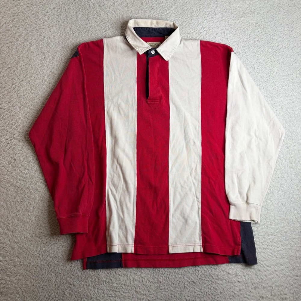St Johns Bay Mens Large Colorblock Rugby Shirt Long Sleeve Red White Navy Cotton